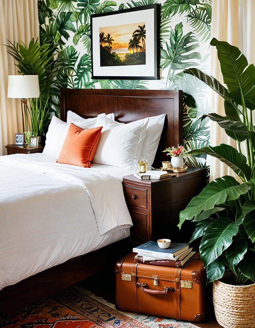 An inviting guest suite featuring both a luxurious and budget-friendly design, showcasing elegant furnishings with a cozy bed, a charming view from the window with tropical plants outside, and soft, warm lighting creating a blissful ambiance. Include travel-related elements like a suitcase, travel guides, and a coffee cup on the bedside table. super-realistic. vibrant colors. warm tones.