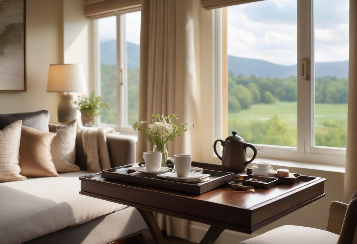 A cozy, stylish suite with modern decor, featuring a plush bed and large windows that showcase a view of a serene nature landscape. Include accents of affordable luxury, like tasteful art pieces and soft lighting. A small table with a coffee tray should sit near the window, inviting relaxation. The overall ambiance should feel warm and inviting, perfect for a weekend getaway. super-realistic. vibrant colors. cozy atmosphere.