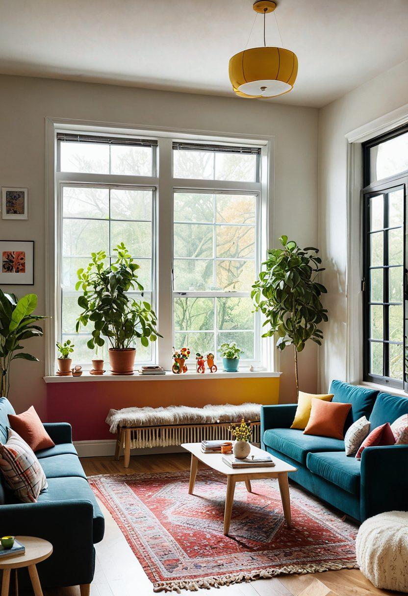 A cozy family-friendly apartment interior showcasing a warm living space with comfortable furniture, colorful cushions, and children's toys scattered playfully. Sunlight pours in through large windows, illuminating a small dining area with a family gathered around. Include hints of budget-friendly decor like DIY art and plants. The background hints at a nearby park visible through the window. vibrant colors. super-realistic.
